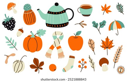 Autumn hand drawn elements set. Collection of fall season scrapbooking colorful icons. Cozy stickers set. Vector illustration.