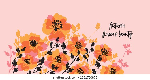 Autumn hand drawn flowers in orange and black colors for web banners, posters, cards, wallpapers, backdrops, panels.
