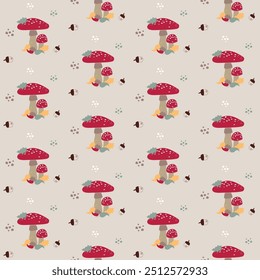 Autumn hand drawn forest fly agaric mushrooms, acorns and oak leaves pattern. Seamless vector cute background. Suitable for decor, harvest festival, halloween, scrapbooking.