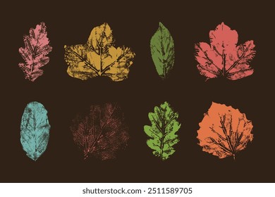 Autumn hand drawn grunge imprint leaves. Hand painted design in autumn colors