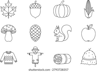 Autumn hand drawn icon collection with squirrel pumpkin leaf harvest farm elements