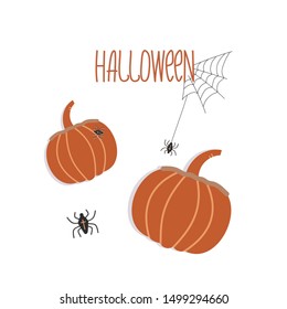 Autumn hand drawn illustration with "HALLOWEEN" word, two orange pumpkins and black spiders. Modern trendy graphic design template for poster, card, banner, cover. Holiday party print.