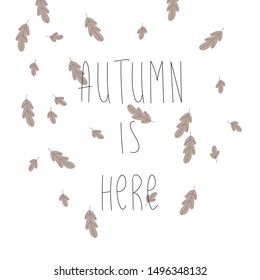 Autumn hand drawn illustration with "AUTUMN IS HERE" phrase and falling leaves in brown color. Modern trendy graphic design template for poster, card, banner, cover. Inspirational print.