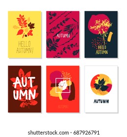 Autumn hand drawn leaves. Fall set. Postcard, invitation, poster. Vector set of six posters.