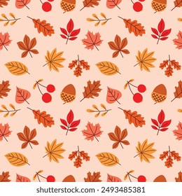 Autumn hand drawn leaves seamless pattern , cute cozy design leaves elements 