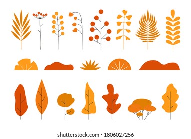 Autumn hand drawn leaves. Set of colored fall trees flat style, modern botanical foliage and forest plants. Vector illustration.