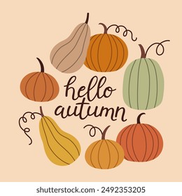 Otoño dibujado a mano letras hola otoño. Lema manuscrito de la temporada de otoño. Frase de otoño con lindos Elementos de diseño acogedores