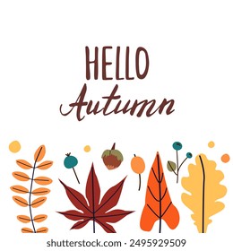 Autumn hand drawn lettering hello autumn. Fall season handwritten slogan. Autumn phrase with cute cozy design elements isolate on white .