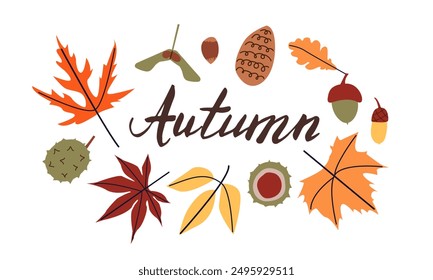 Autumn hand drawn lettering hello autumn. Fall season handwritten slogan. Autumn phrase with cute cozy design elements isolate on white .