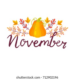 Autumn hand drawn lettering with rays. Vector illustration isolated on white