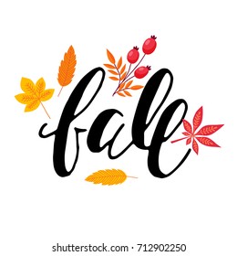 Autumn hand drawn lettering with rays. Vector illustration isolated on white