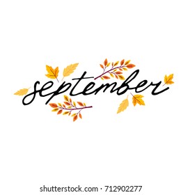 Autumn hand drawn lettering with rays. Vector illustration isolated on white