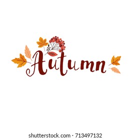 Autumn hand drawn lettering with rays. Vector illustration isolated on white