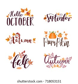 Autumn hand drawn lettering with rays. Vector illustration isolated on white