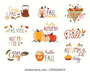 Autumn hand drawn lettering set. . Fall phrases with cute and cozy design elements decorative bundle. Fall inscription collection. Vector illustration. 