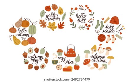 Autumn hand drawn lettering set. Fall season handwritten slogans. Autumn phrases with cute cozy design elements