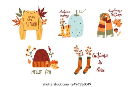 Autumn hand drawn lettering set. Fall season handwritten slogans. Autumn phrases with cute cozy design elements isolate on white background .
