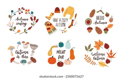 Autumn hand drawn lettering set . Fall season handwritten slogan. Autumn phrase with cute cozy design elements isolate on white background.