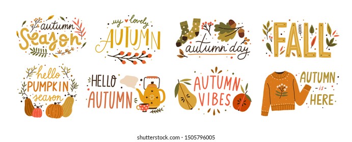 Autumn hand drawn lettering vector set. Fall season handwritten slogan stickers pack. Autumn phrases with cute and cozy design elements decorative bundle. Fall inscription collection isolated on white - Shutterstock ID 1505796005