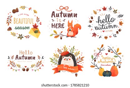 Autumn hand drawn lettering vector, isolated on white background, collection perfect for sticker and label