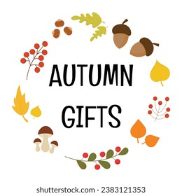 Autumn hand drawn lettering vector frame with leaves, mushrooms, berries, acorn. Autumn gifts decorative tag, sticker, card. Fall designed frame.