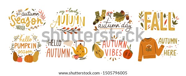 秋の手書きの文字のベクター画像セット 秋の季節は手書きのスローガンステッカーパック 秋の言葉 かわいいデザインエレメント 装飾的な束 白い背景に秋の碑文コレクション のベクター画像素材 ロイヤリティフリー