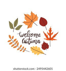 Autumn hand drawn lettering welcome autumn. Fall season handwritten slogan. Autumn phrase with cute cozy design elements isolate on white .