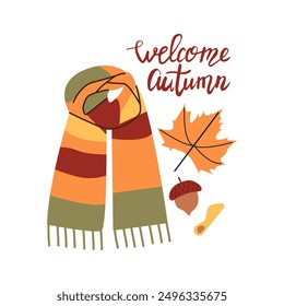 Autumn hand drawn lettering welcome autumn. Fall season handwritten slogan. Autumn phrase with cute cozy design elements isolate on white .