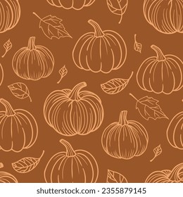 Autumn hand drawn pattern. Vector. Seamless background with pumpkin.