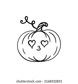 Autumn hand drawn pumpkin with cartoon face, line art, icon, vector illustration for  posters, cards. Pumpkin season, fall, harvest, thanksgiving day design.