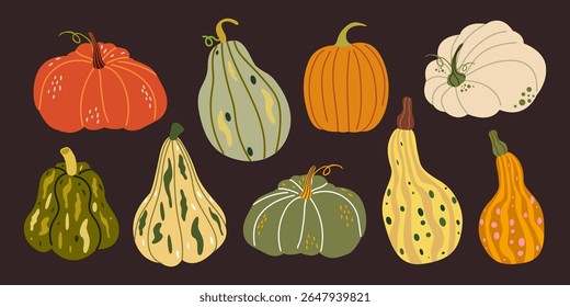 Coleção de abóboras desenhadas à mão de outono em estilo groovy funky de desenho animado. Caia verduras maduras de várias formas e cores. Hora da colheita. Elementos gráficos sazonais planos vetoriais