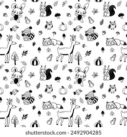 Autumn hand drawn seamles pattern with cute animals. Doodle print for childish wrapping paper, background, textile, fabric