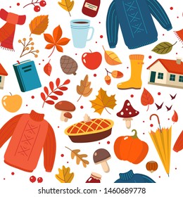 Autumn hand drawn seamless pattern with seasonal elements on white background. Cute vector illustration in flat style