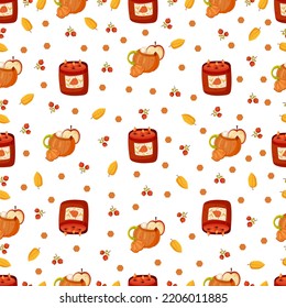 Autumn hand drawn seamless pattern with seasonal elements on white background. Great for fabric, wallpaper, textile, packaging. Vector illustration.