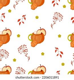 Autumn hand drawn seamless pattern with seasonal elements on white background. Great for fabric, wallpaper, textile, packaging. Vector illustration.