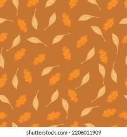 Autumn hand drawn seamless pattern with seasonal elements on brown background. Great for fabric, wallpaper, textile, packaging. Vector illustration.