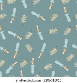 Autumn hand drawn seamless pattern with seasonal elements on blue background. Great for fabric, wallpaper, textile, packaging. Vector illustration.