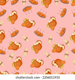 Patrón sin fisuras dibujado a mano en otoño con elementos estacionales sobre fondo rosa. Ideal para tejidos, papel pintado, textiles, envasado. Ilustración vectorial.