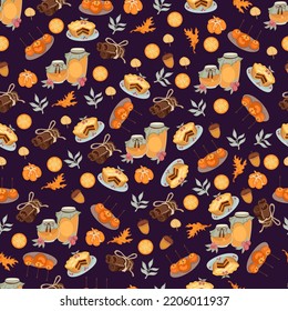 Autumn hand drawn seamless pattern with seasonal elements on dark blue background. Great for fabric, wallpaper, textile, packaging. Vector illustration.