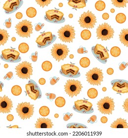 Autumn hand drawn seamless pattern with seasonal elements on white background. Great for fabric, wallpaper, textile, packaging. Vector illustration.