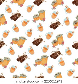 Autumn hand drawn seamless pattern with seasonal elements on white background. Great for fabric, wallpaper, textile, packaging. Vector illustration.