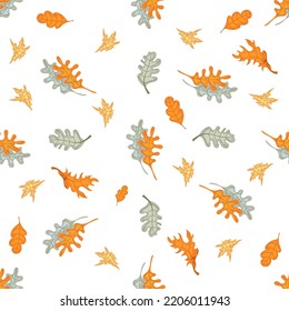 Patrón sin fisuras dibujado a mano en otoño con elementos estacionales sobre fondo blanco. Ideal para tejidos, papel pintado, textiles, envasado. Ilustración vectorial.