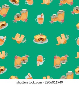 Autumn hand drawn seamless pattern with seasonal elements on green background. Great for fabric, wallpaper, textile, packaging. Vector illustration.
