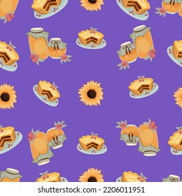 Autumn hand drawn seamless pattern with seasonal elements on violet
background. Great for fabric, wallpaper, textile, packaging. Vector illustration.
