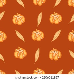 Autumn hand drawn seamless pattern with seasonal elements on brown background. Great for fabric, wallpaper, textile, packaging. Vector illustration.
