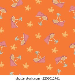 Patrón sin fisuras dibujado a mano en otoño con elementos estacionales sobre fondo naranja. Ideal para tejidos, papel pintado, textiles, envasado. Ilustración vectorial.
