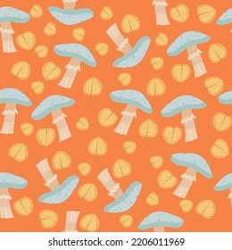 Patrón sin fisuras dibujado a mano en otoño con elementos estacionales sobre fondo naranja. Ideal para tejidos, papel pintado, textiles, envasado. Ilustración vectorial.