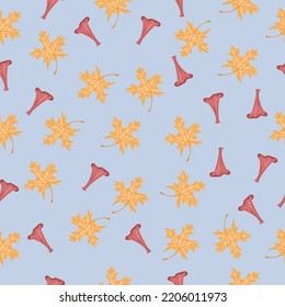 Autumn hand drawn seamless pattern with seasonal elements on blue background. Great for fabric, wallpaper, textile, packaging. Vector illustration.
