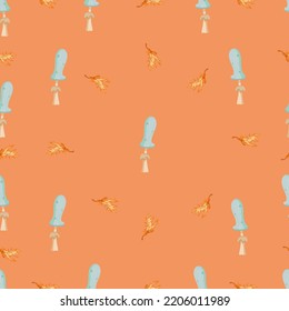 Autumn hand drawn seamless pattern with seasonal elements on orange background. Great for fabric, wallpaper, textile, packaging. Vector illustration.