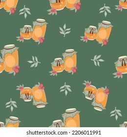 Autumn hand drawn seamless pattern with seasonal elements on green background. Great for fabric, wallpaper, textile, packaging. Vector illustration.